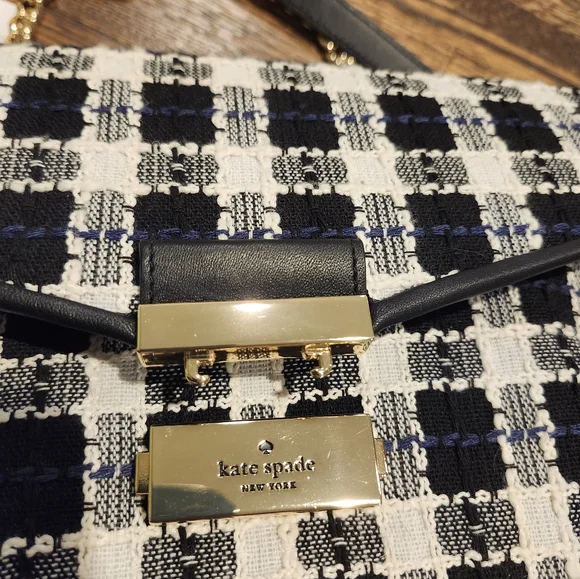NWT Kate Spade Black, White, Blue Carey Checked Tweed Medium Shoulder Bag Chain - Picture 8 of 15